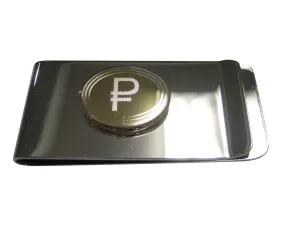 Gold Toned Etched Oval Russian Ruble Currency Sign Pendant Money Clip