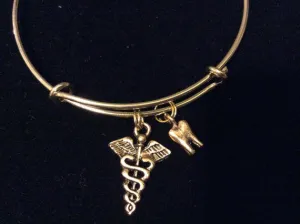 Gold Tooth and Caduceus Charm on an Expandable Adjustable Bangle Bracelet Dentist or DH Dental Hygenist Gift