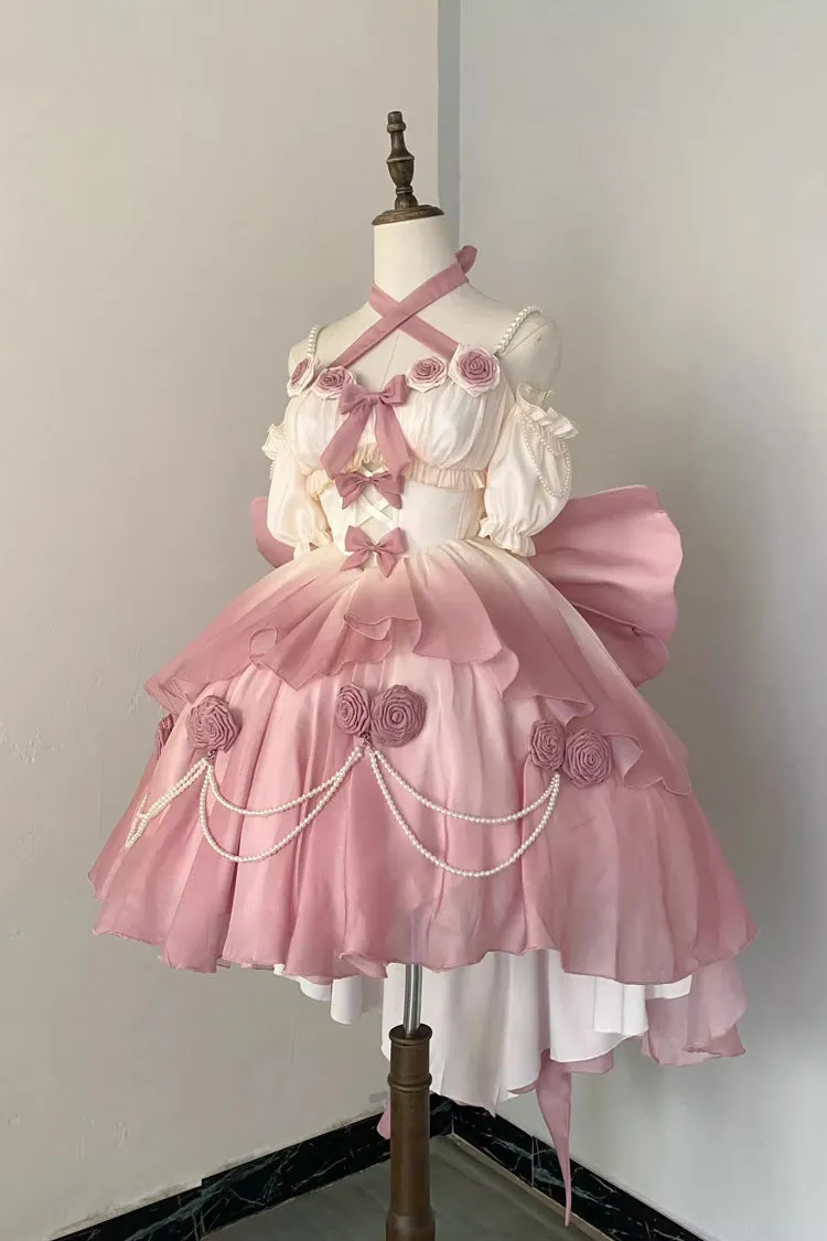 Gradient Pink Hanayome Hollow Bowknot Sweet Princess Lolita Dress