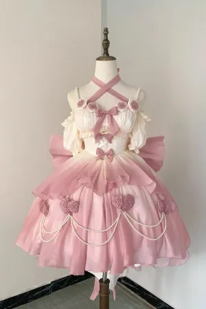 Gradient Pink Hanayome Hollow Bowknot Sweet Princess Lolita Dress