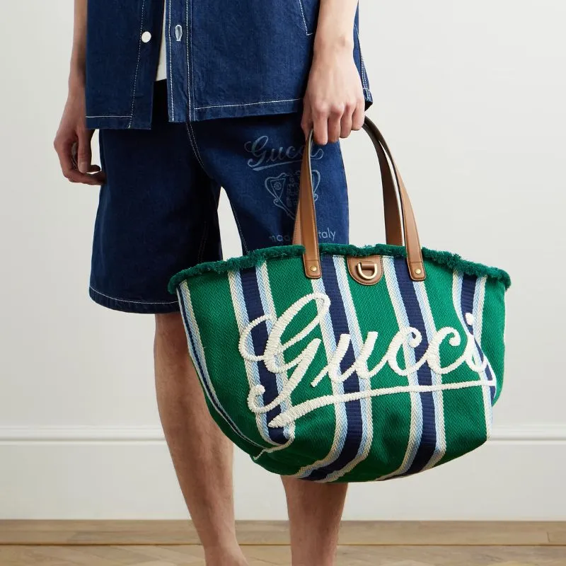 Gucci Logo-Embroidered Leather-Trimmed Striped Woven Tote Bag