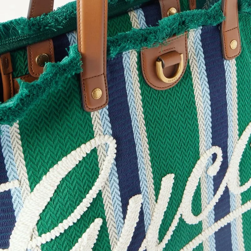Gucci Logo-Embroidered Leather-Trimmed Striped Woven Tote Bag