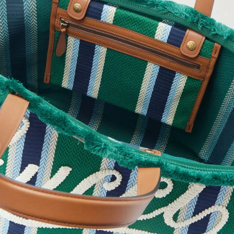 Gucci Logo-Embroidered Leather-Trimmed Striped Woven Tote Bag