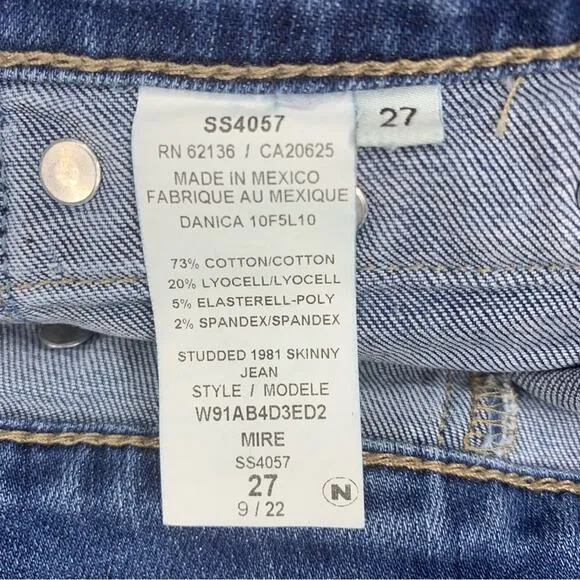 Guess 1981 Studded Jean Skinny Button Fly Size 27 Belt Loops 4 Working Pockets