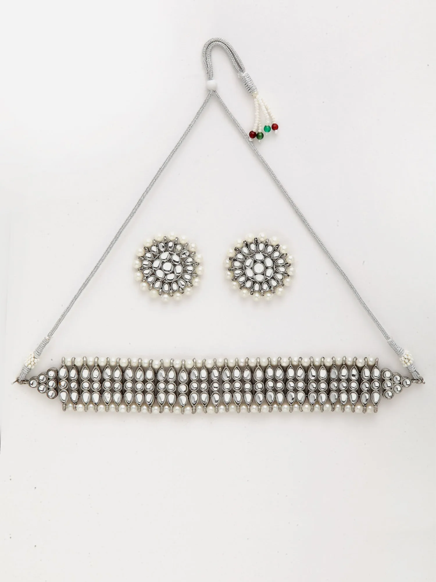 Handcrafted Oxidised Silver Pearl and Kundan Studded Choker Necklace Set
