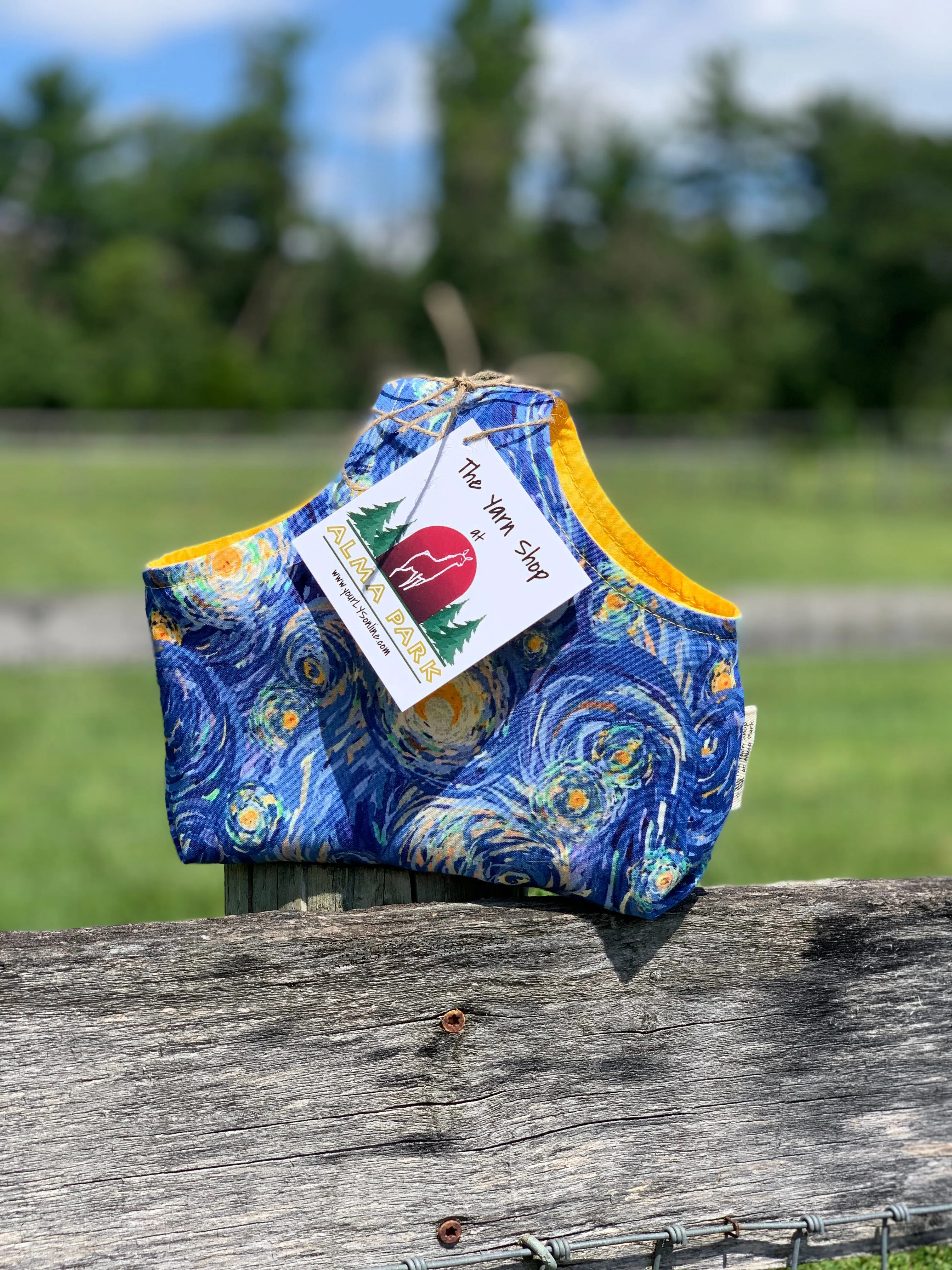 Handle Project Bag by Rose (Small)- Perfect for SOCK Knitters -  STARRY NIGHT with Yellow