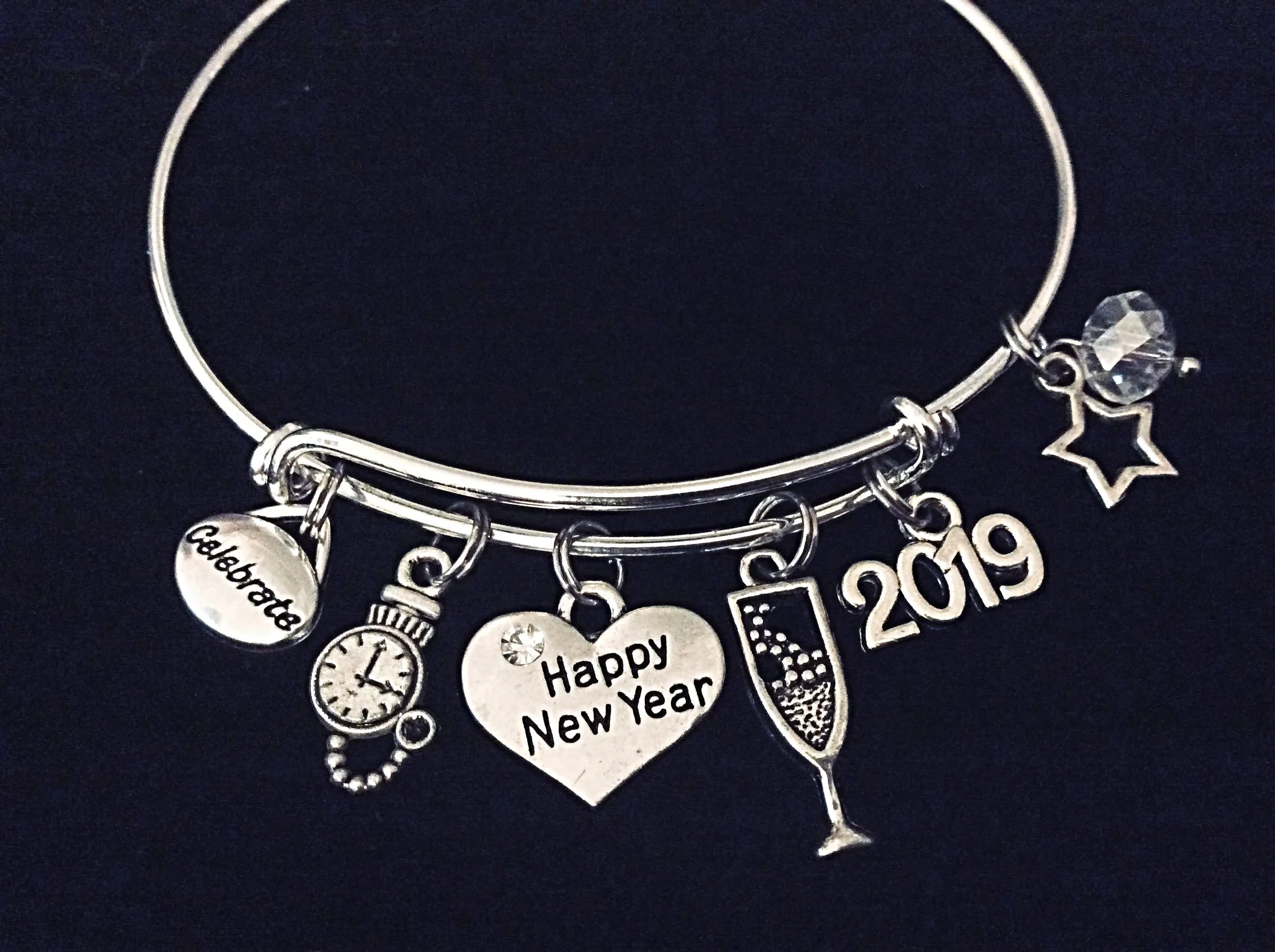 Happy New Year's Eve 2025 Adjustable Charm Bracelet Expandable Silver Bangle One Size Fits All Gift Celebrate New Years Eve Jewelry