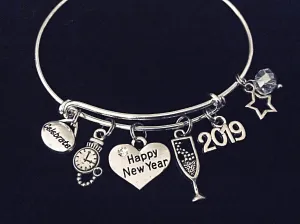Happy New Year's Eve 2025 Adjustable Charm Bracelet Expandable Silver Bangle One Size Fits All Gift Celebrate New Years Eve Jewelry