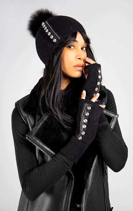 HTIM80 - Knit Hat w/ Zipper, Crystals, and Fox Pom