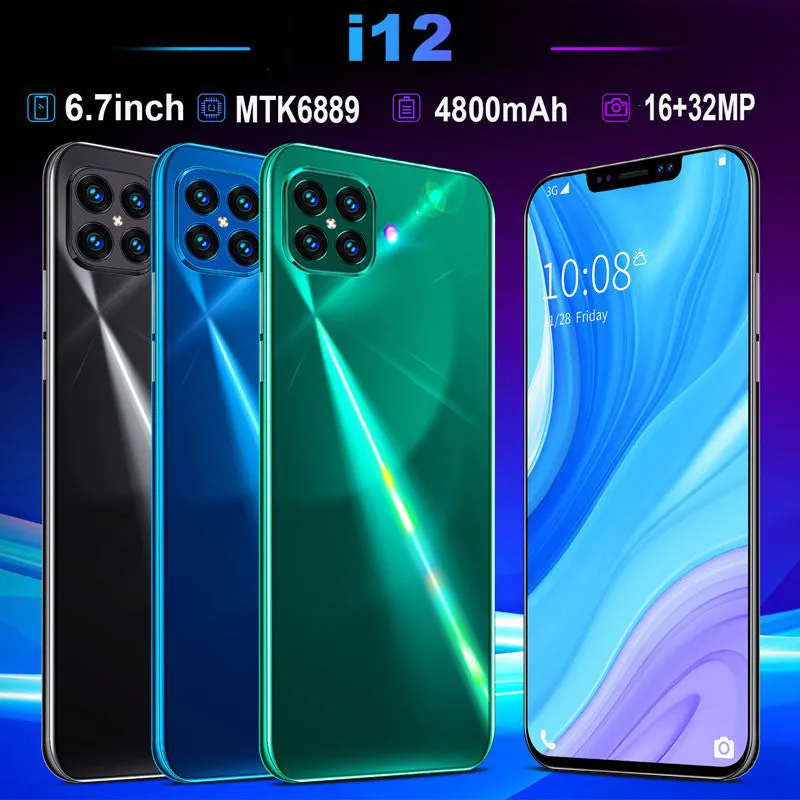 i12 6.7Inch Large Screen Phone Notch Screen Android Quickly Unlock Smartphone(10 512G) blue_U.S. plug