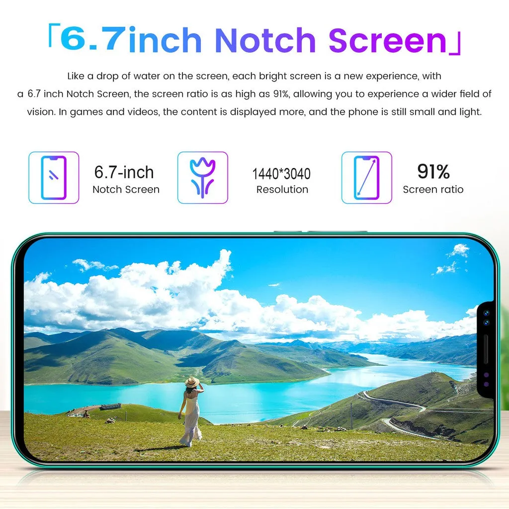 i12 6.7Inch Large Screen Phone Notch Screen Android Quickly Unlock Smartphone(10 512G) blue_U.S. plug