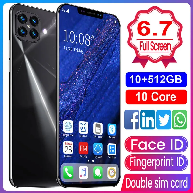 i12 6.7Inch Large Screen Phone Notch Screen Android Quickly Unlock Smartphone(10 512G) blue_U.S. plug