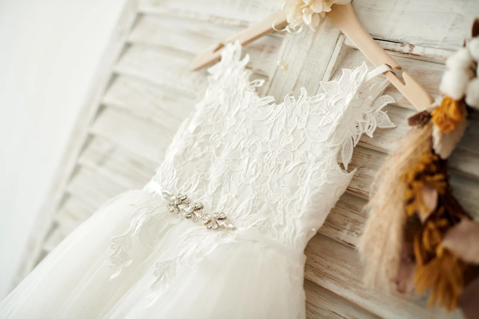 Ivory Lace Tulle Spaghetti Straps Wedding Flower Girl Dress, Beaded Belt