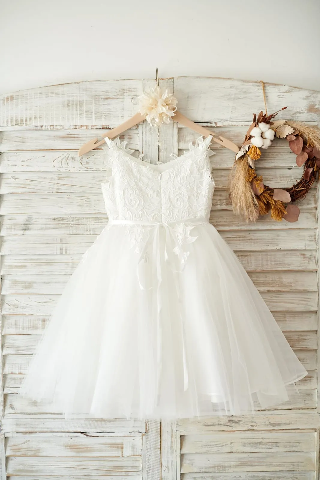 Ivory Lace Tulle Spaghetti Straps Wedding Flower Girl Dress, Beaded Belt