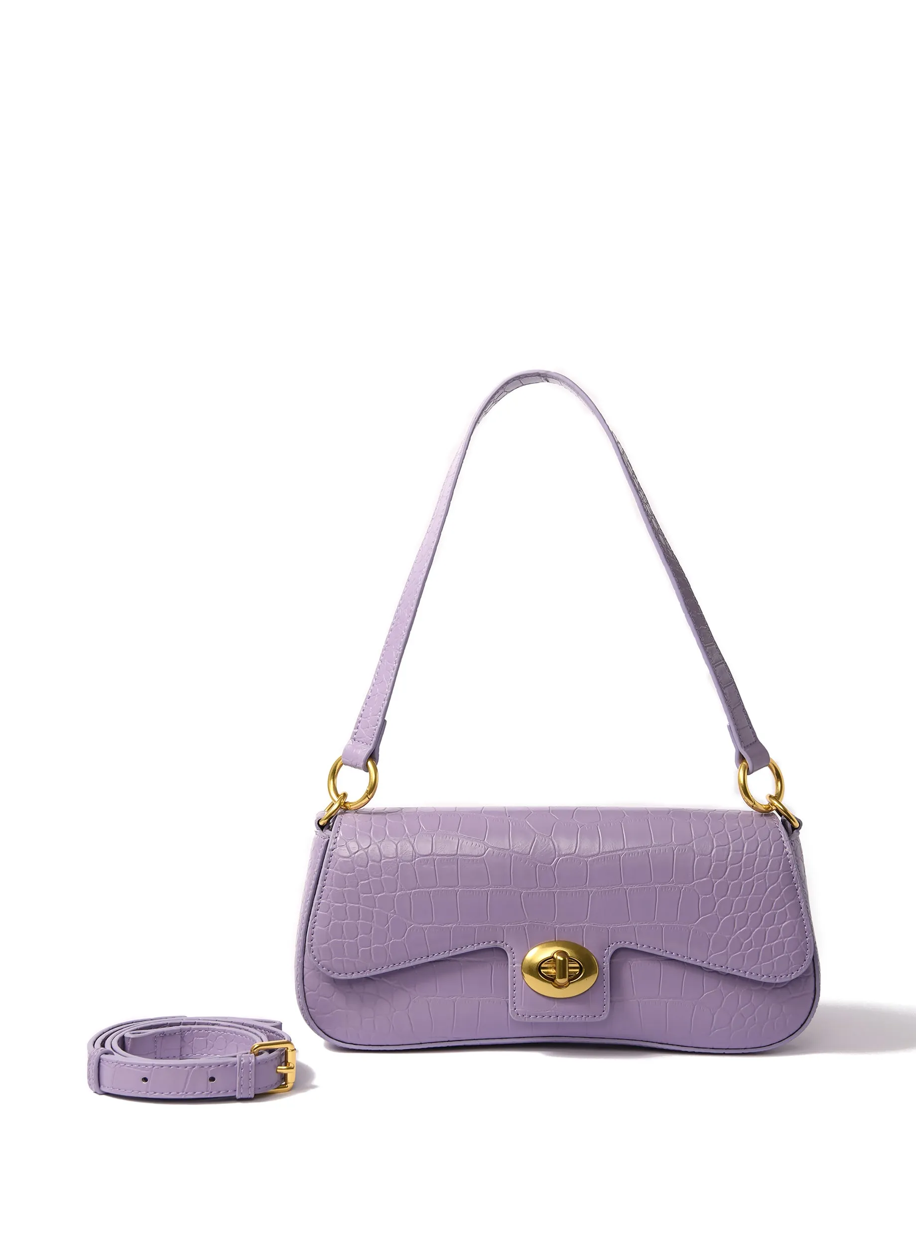 Jacqueline Leather Bag with Croc-Embossed Pattern, Purple