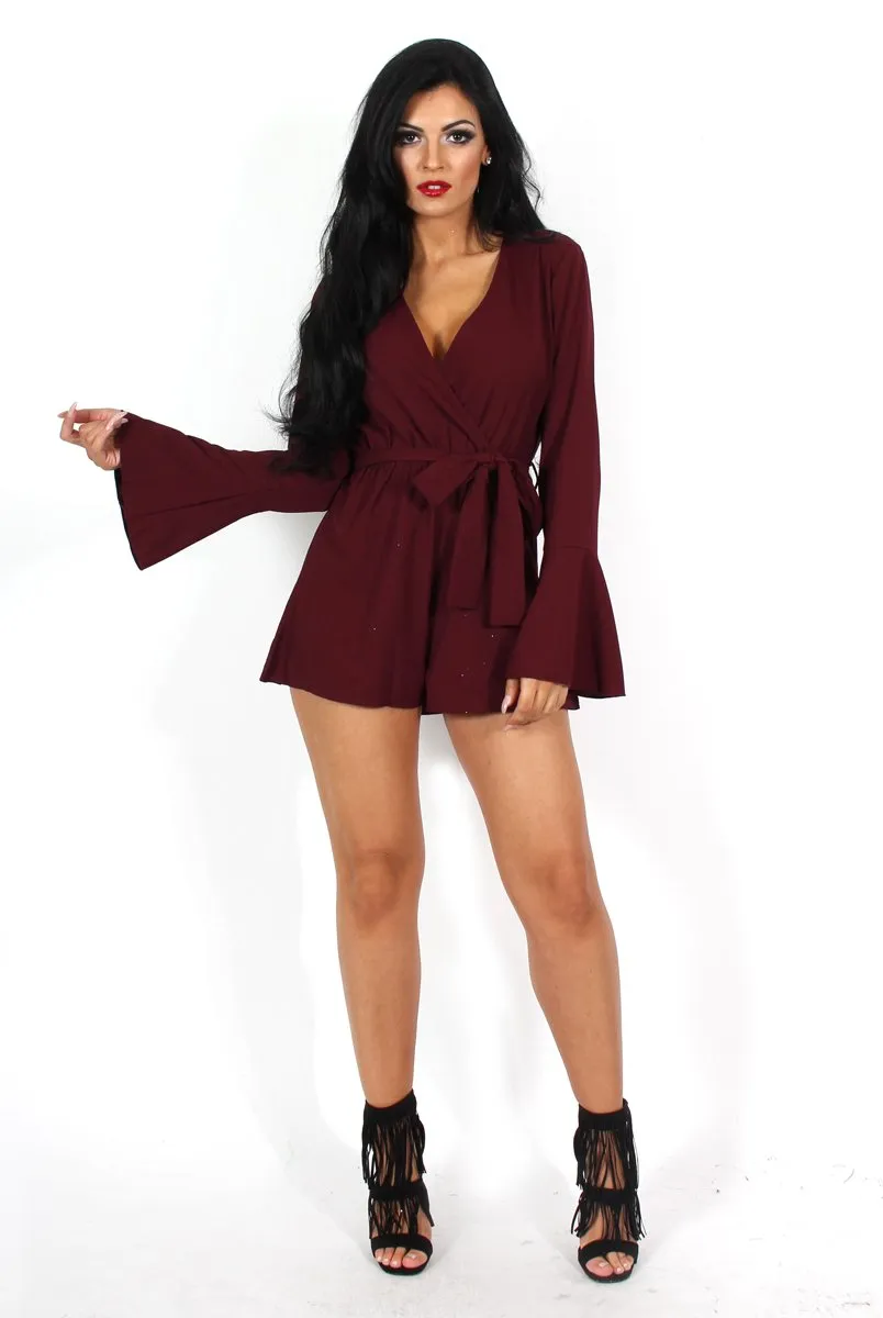 Julia Burgundy Bell Sleeve Tie Playsuit