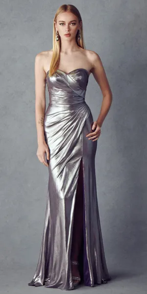 Juliet 222 Sheath Sweetheart Neckline Metallic Prom Dress Slit