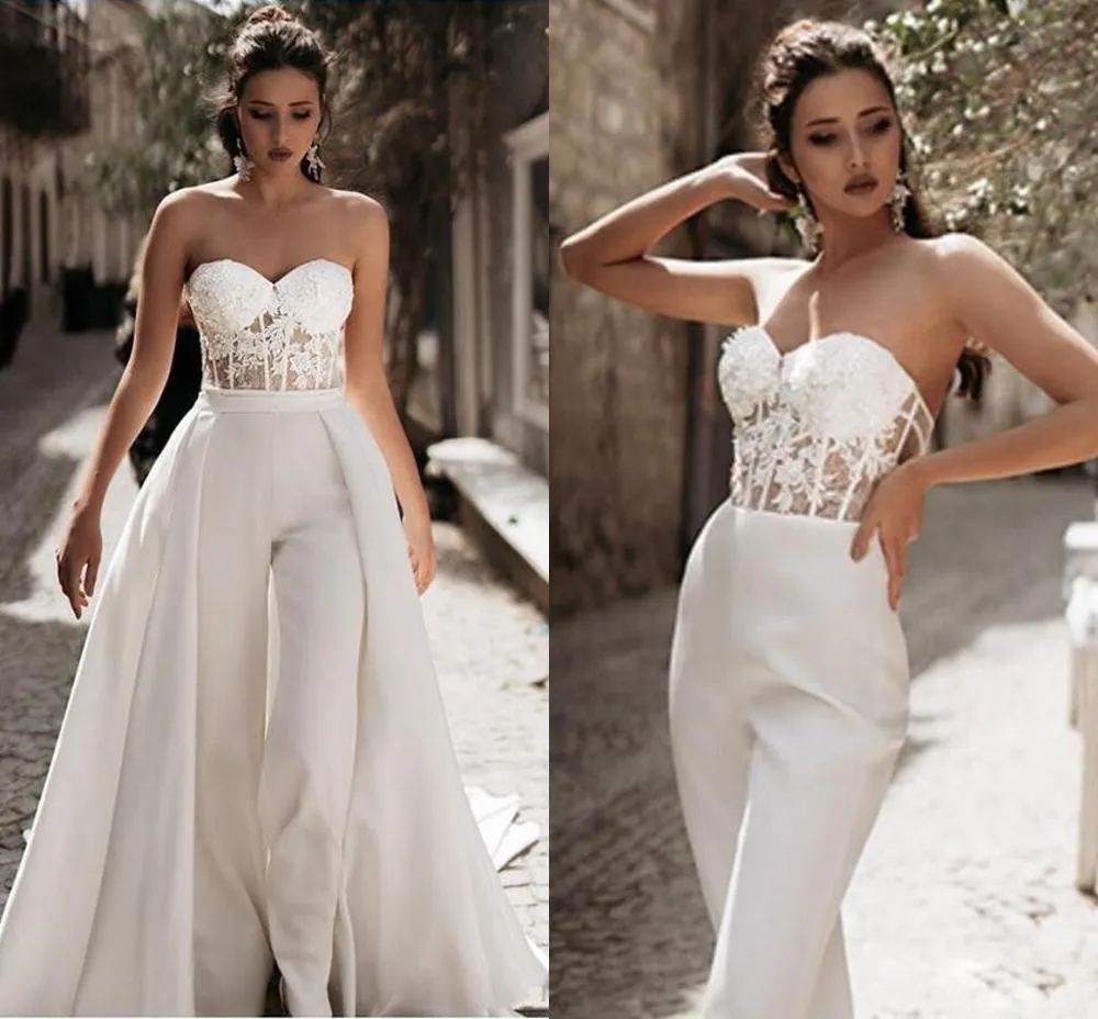 Jumpsuit Wedding Dress with Detachable Train Sweetheart Satin Lace Appliques