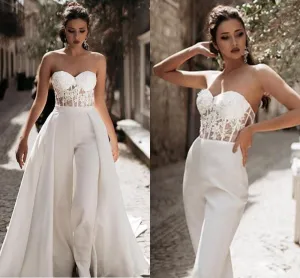 Jumpsuit Wedding Dress with Detachable Train Sweetheart Satin Lace Appliques