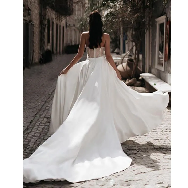 Jumpsuit Wedding Dress with Detachable Train Sweetheart Satin Lace Appliques