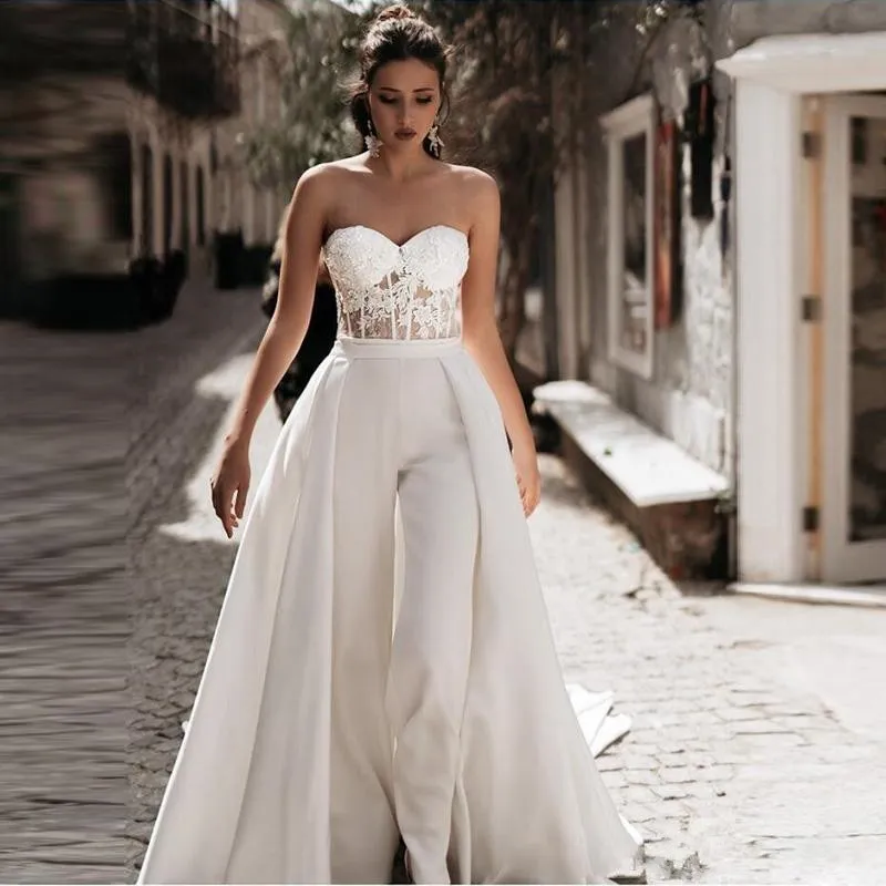 Jumpsuit Wedding Dress with Detachable Train Sweetheart Satin Lace Appliques