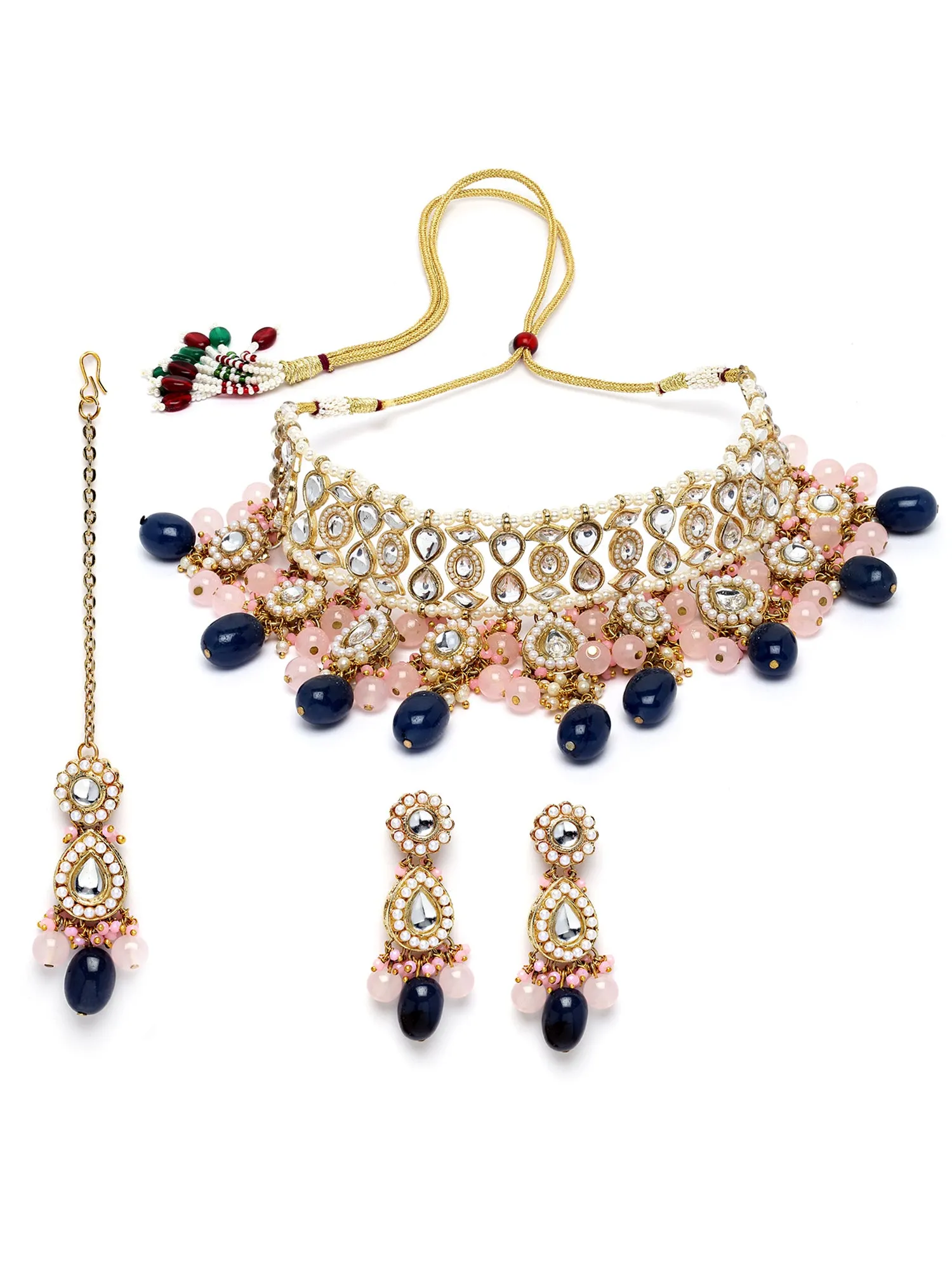 Karatcart Gold Plated Blue and Pink Kundan Choker Necklace Set for Women