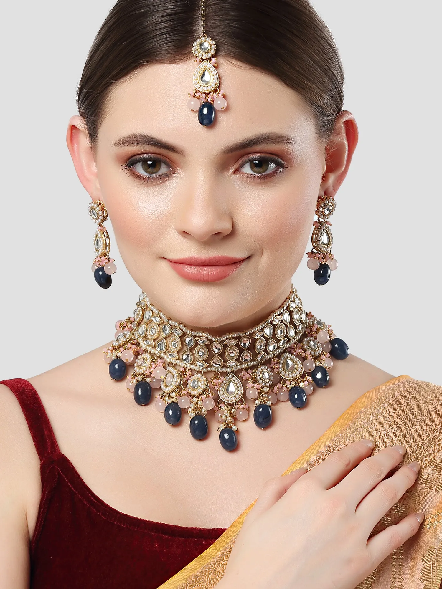 Karatcart Gold Plated Blue and Pink Kundan Choker Necklace Set for Women