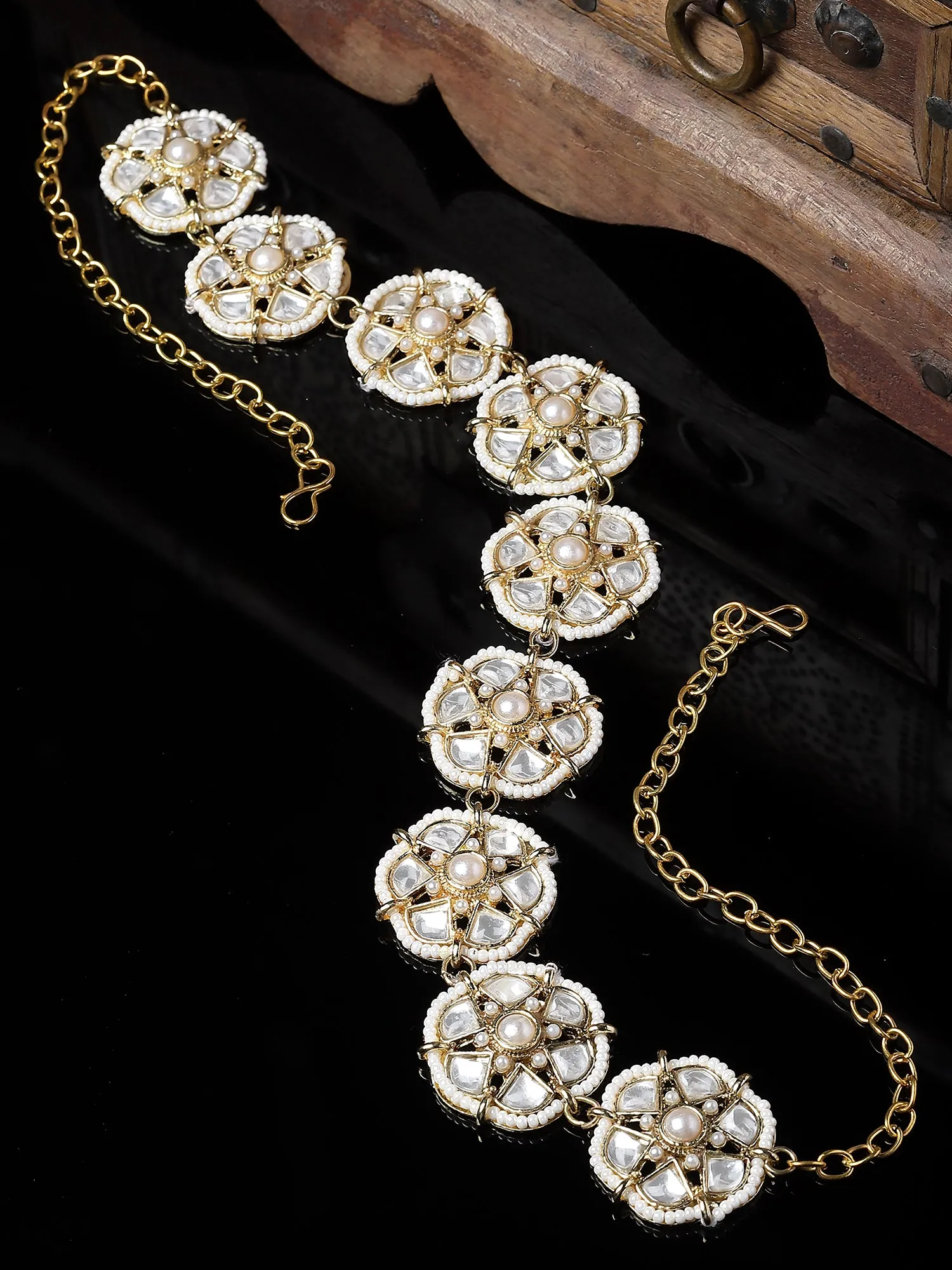 Karatcart Gold Plated Floral Design Pearl and Kundan Studded Hairband for Women
