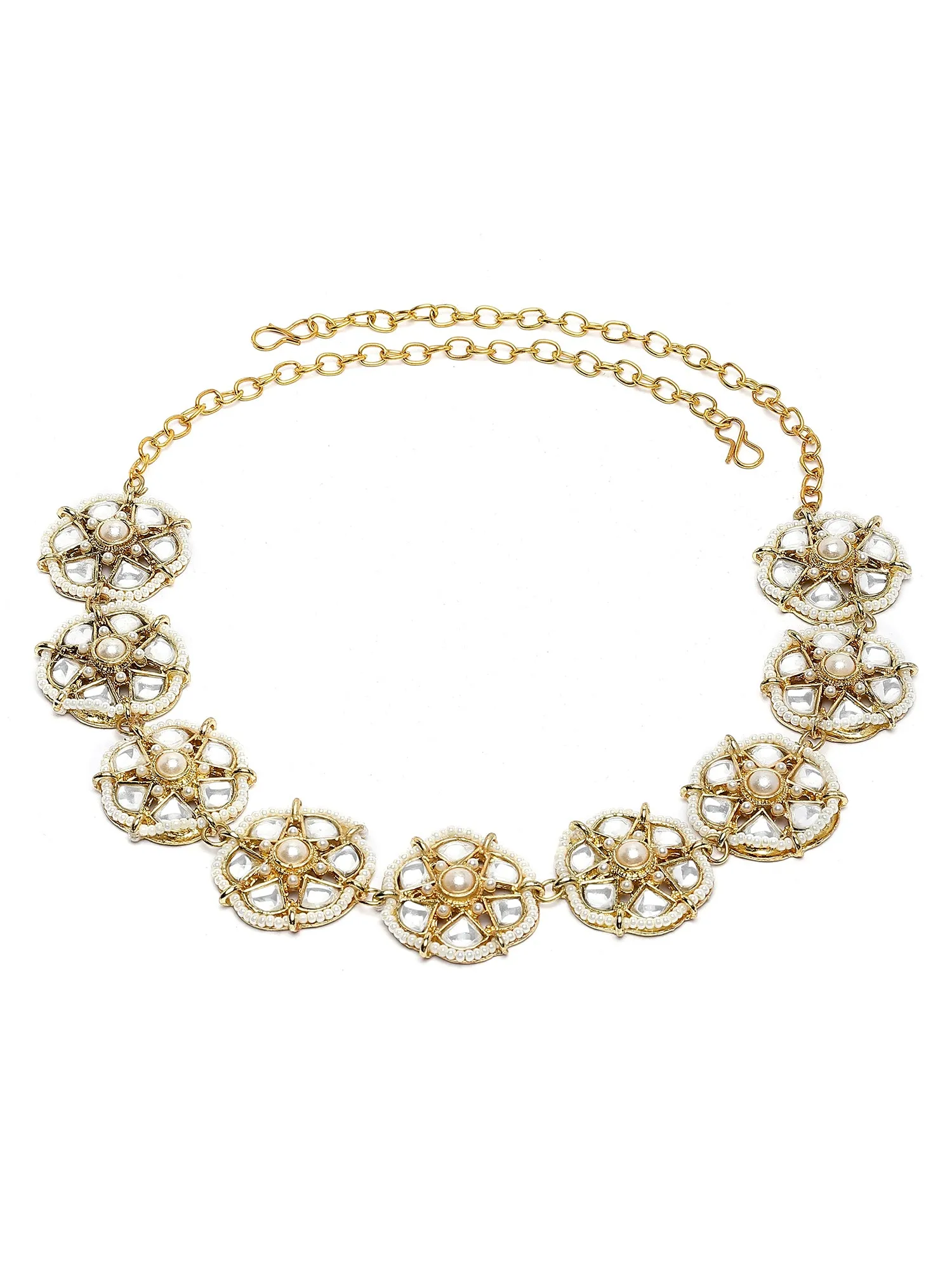 Karatcart Gold Plated Floral Design Pearl and Kundan Studded Hairband for Women