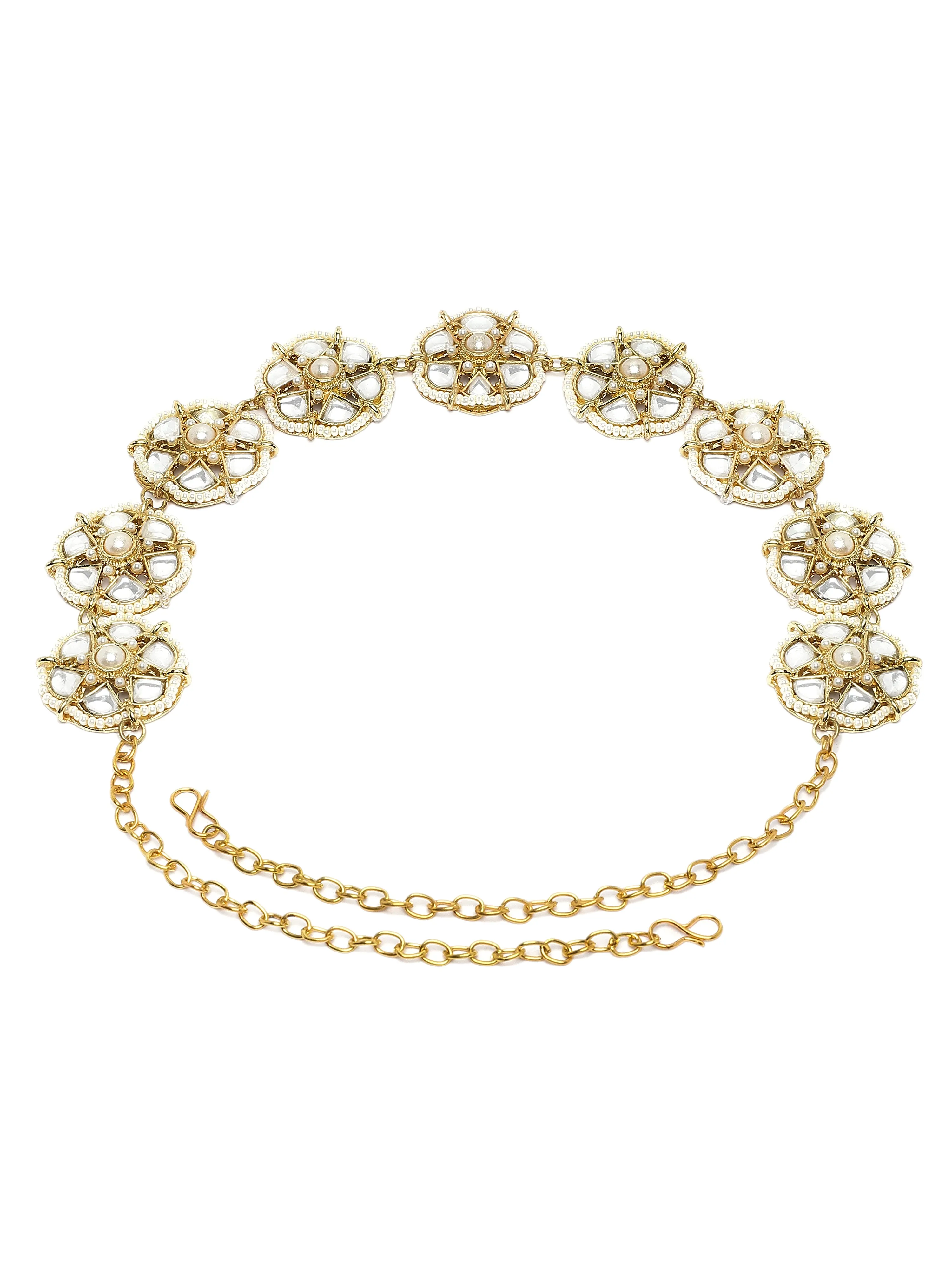 Karatcart Gold Plated Floral Design Pearl and Kundan Studded Hairband for Women