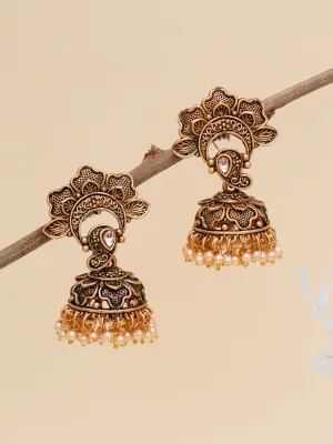 Karatcart Gold Plated Floral Jhumki Studded with Golden Pearl for Women
