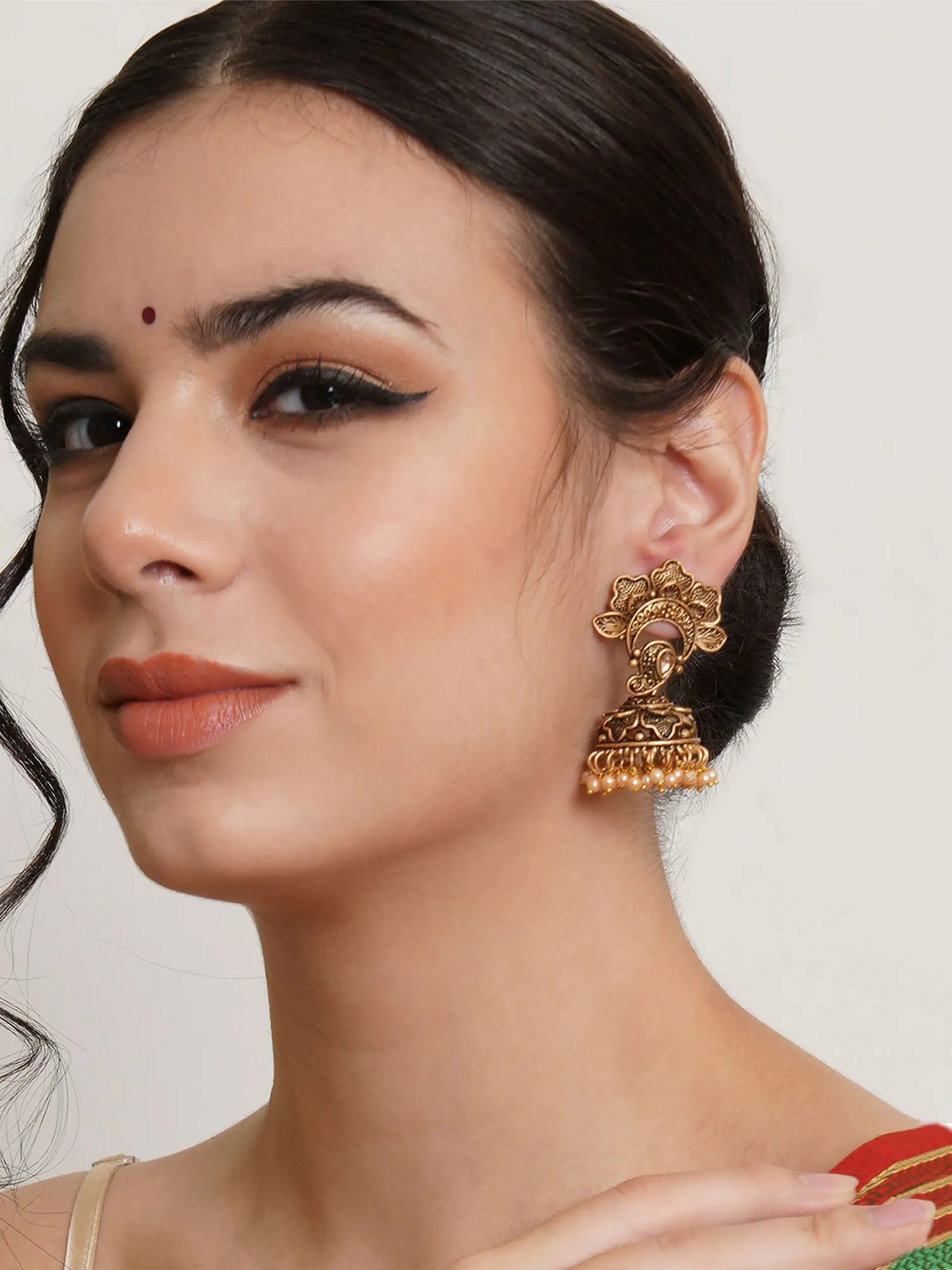 Karatcart Gold Plated Floral Jhumki Studded with Golden Pearl for Women
