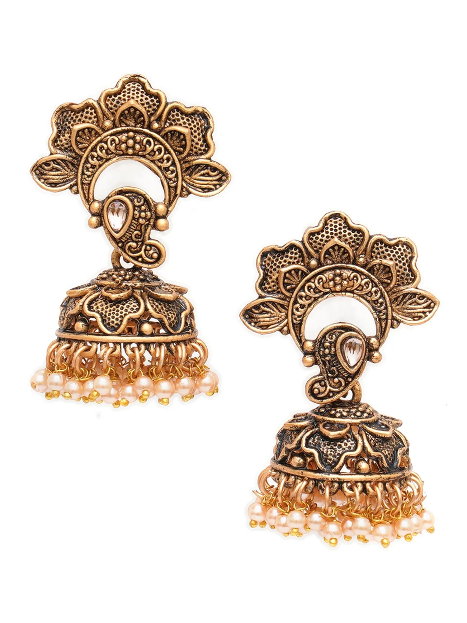 Karatcart Gold Plated Floral Jhumki Studded with Golden Pearl for Women
