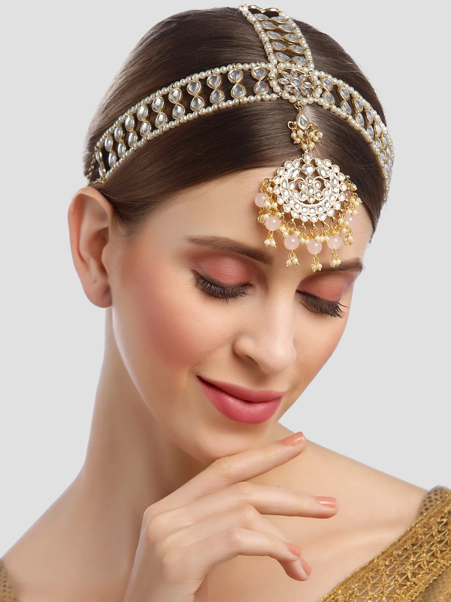 Karatcart Gold Plated Floral Shape Pink Beads Studded Handcrafted Kundan Mathapatti for Women