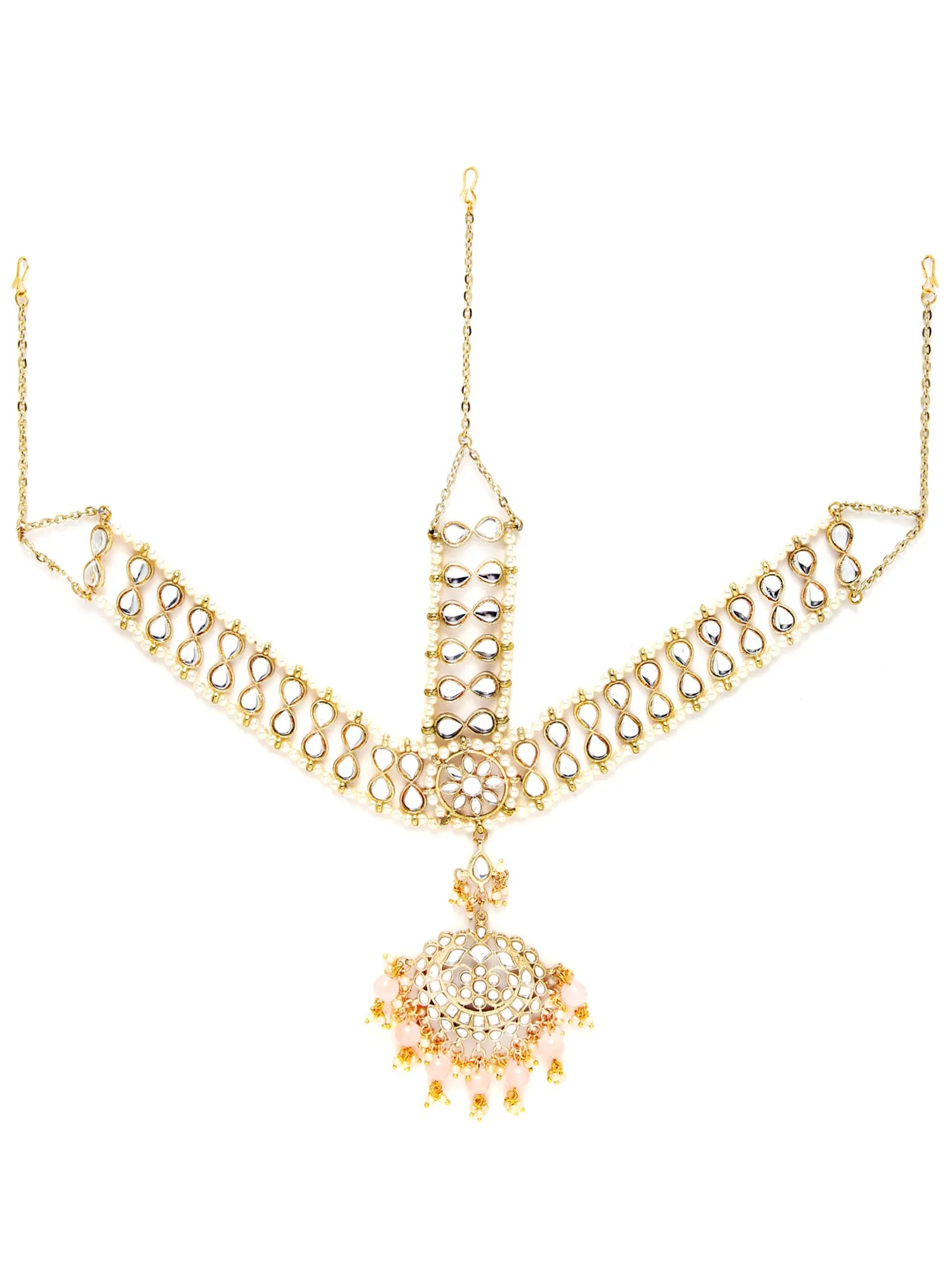 Karatcart Gold Plated Floral Shape Pink Beads Studded Handcrafted Kundan Mathapatti for Women
