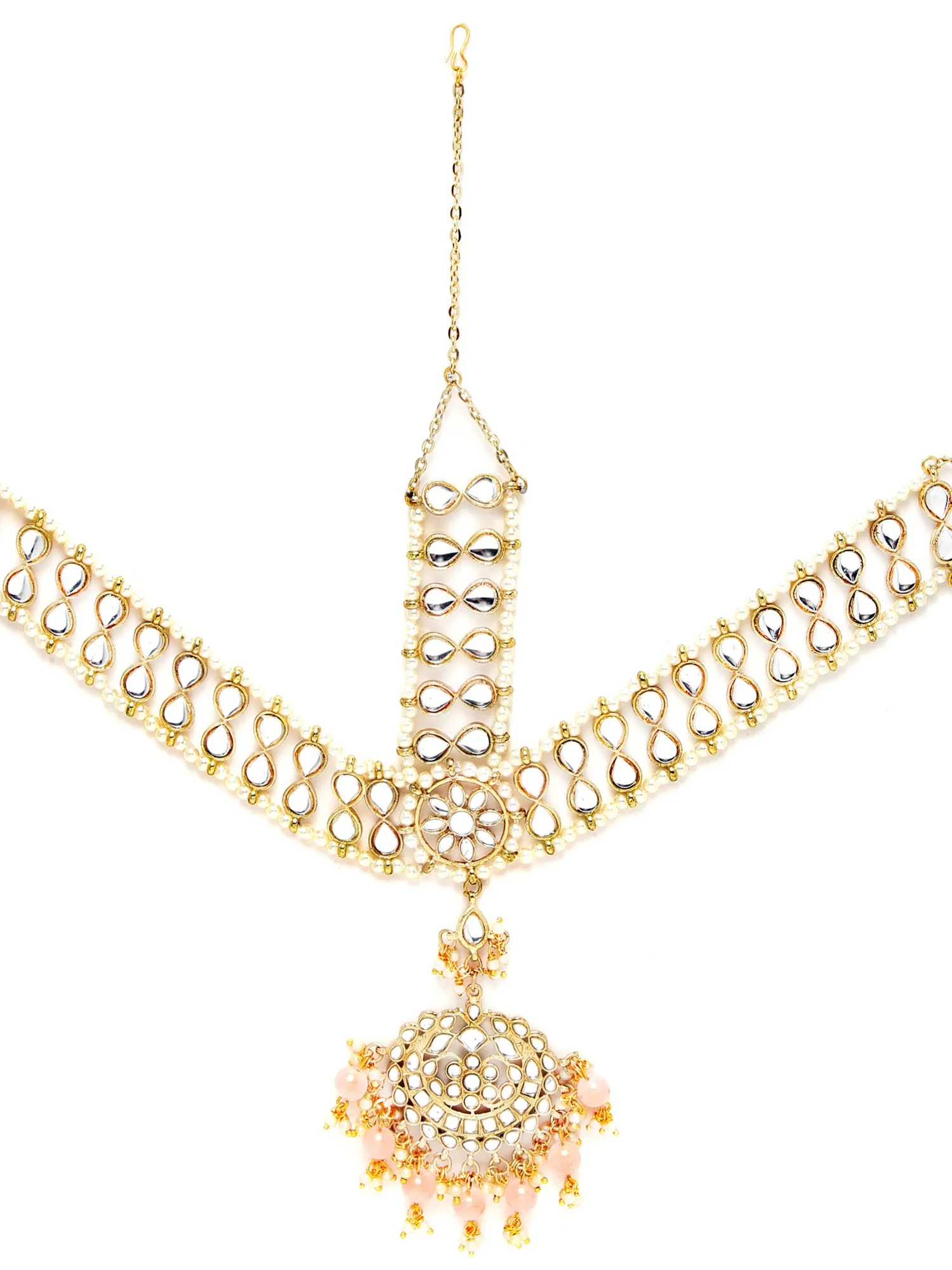Karatcart Gold Plated Floral Shape Pink Beads Studded Handcrafted Kundan Mathapatti for Women