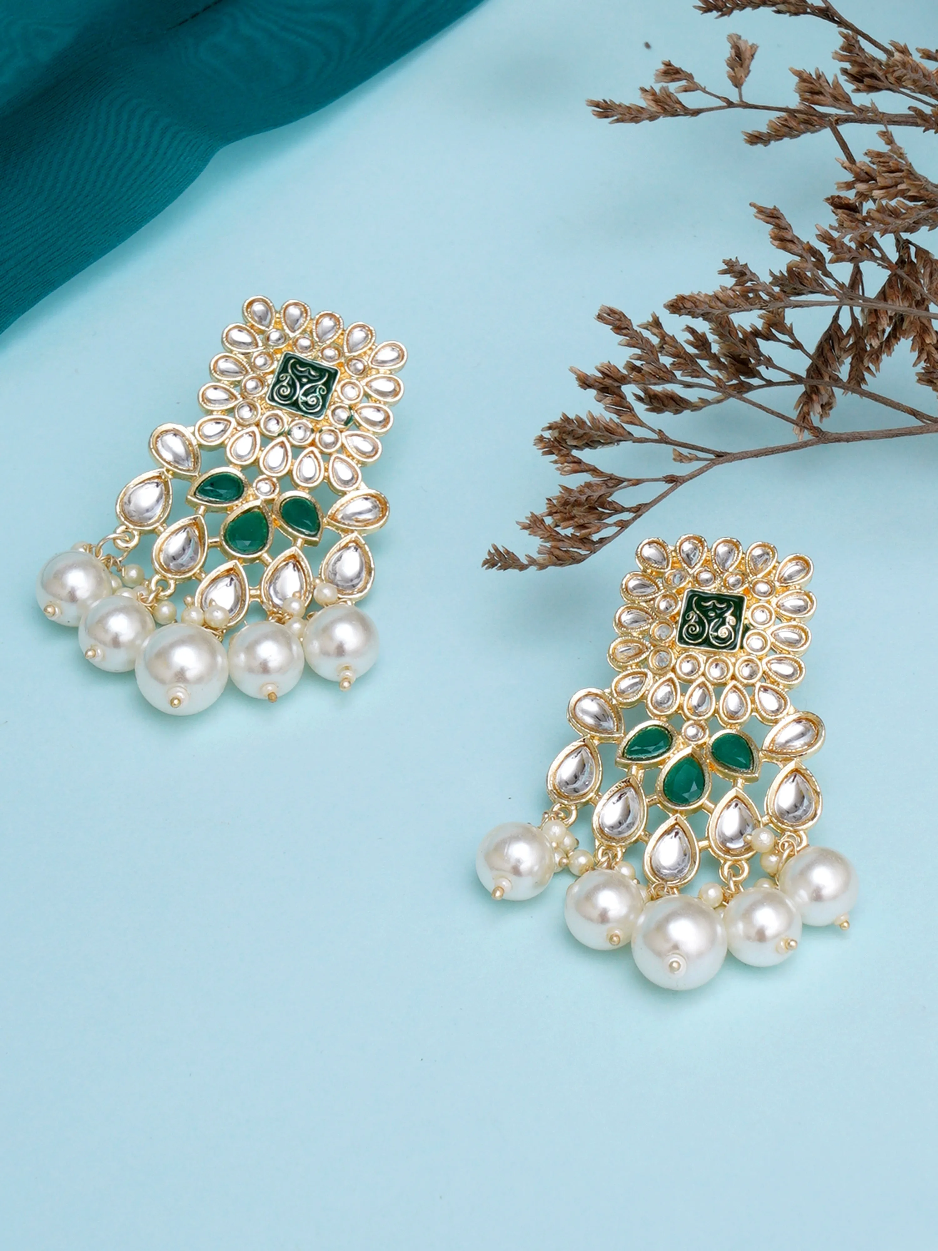Karatcart Gold Plated Green and Pearl Studded Kundan Dangler Earrings for Women