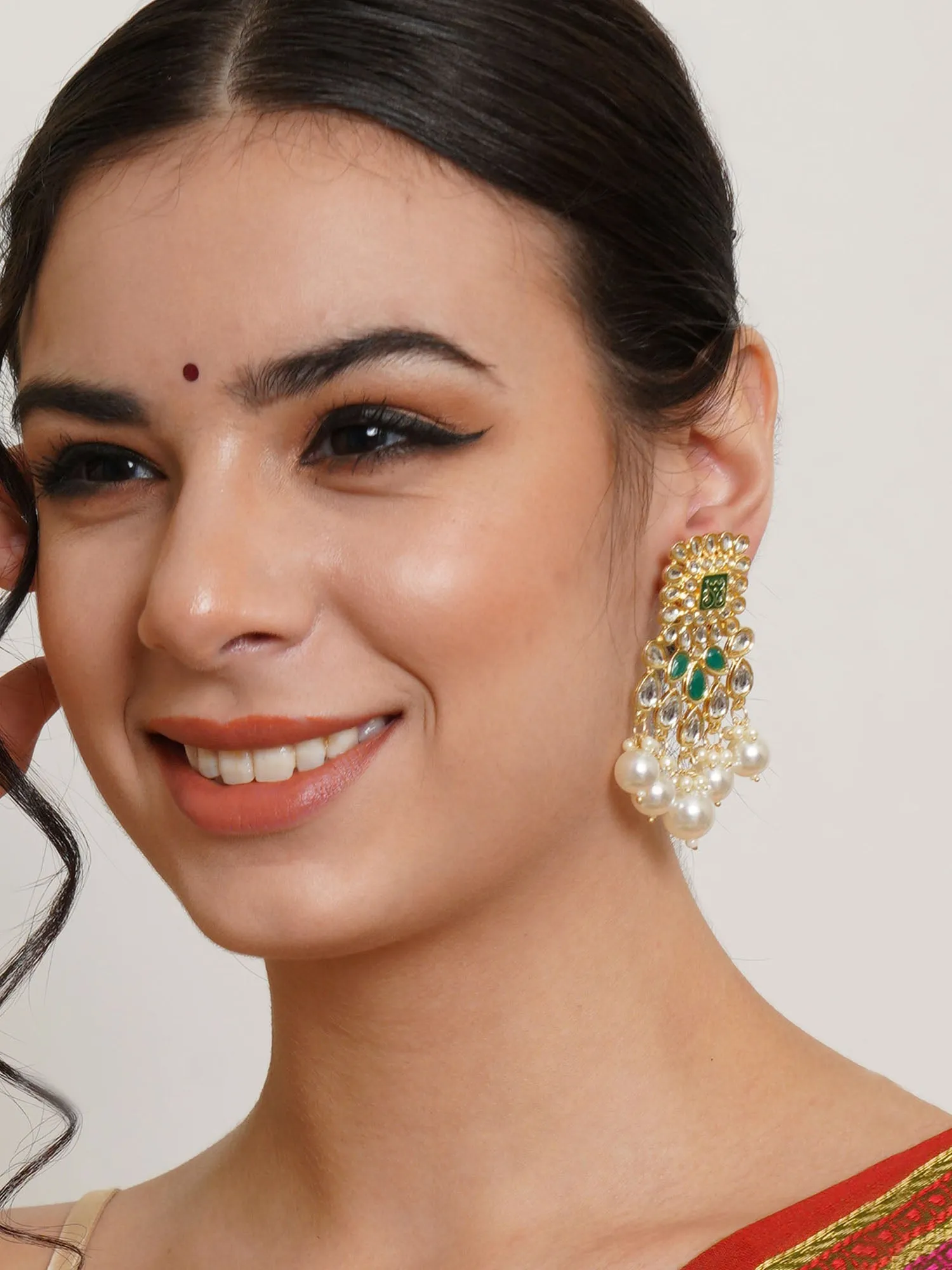 Karatcart Gold Plated Green and Pearl Studded Kundan Dangler Earrings for Women