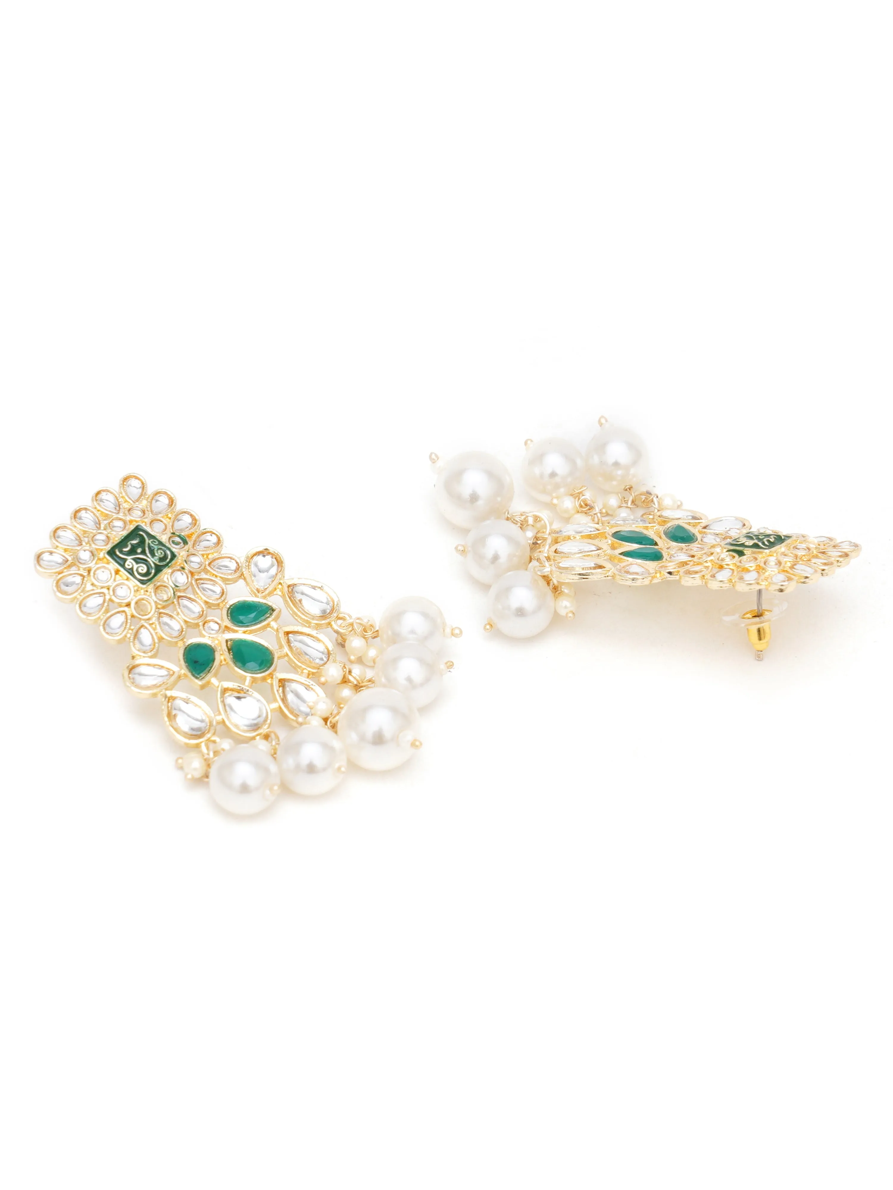 Karatcart Gold Plated Green and Pearl Studded Kundan Dangler Earrings for Women
