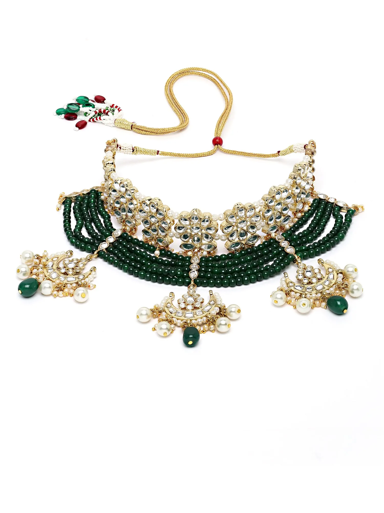 Karatcart Gold Plated Green Beads Multilayered Kundan Choker Necklace Set for Women