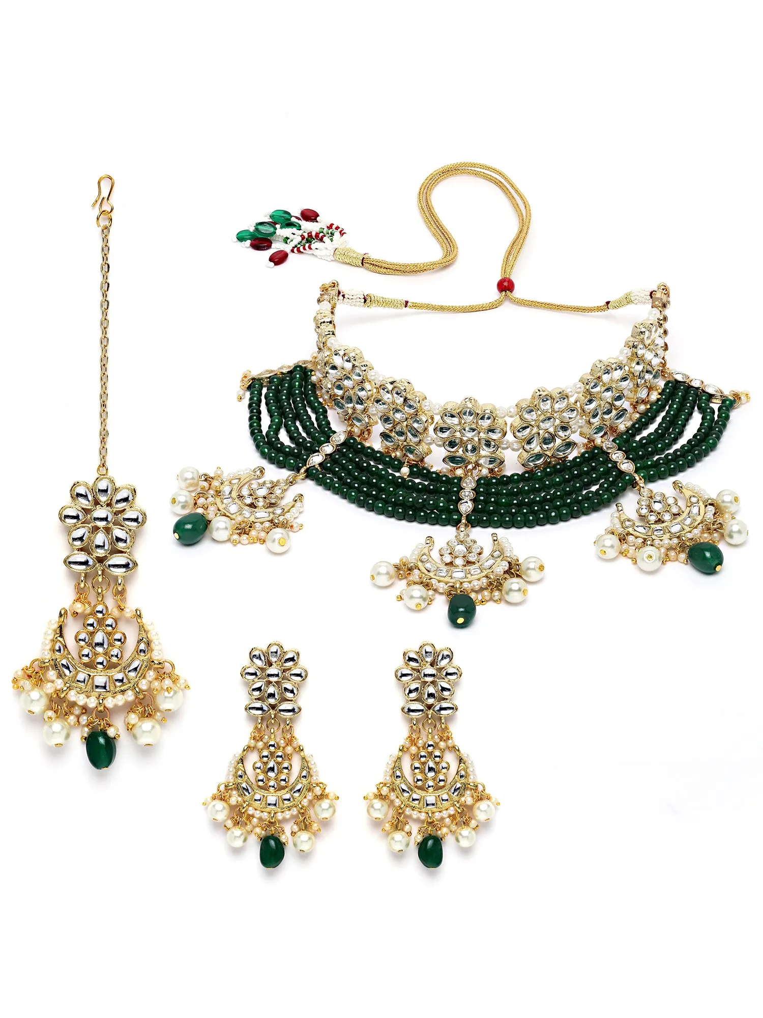 Karatcart Gold Plated Green Beads Multilayered Kundan Choker Necklace Set for Women