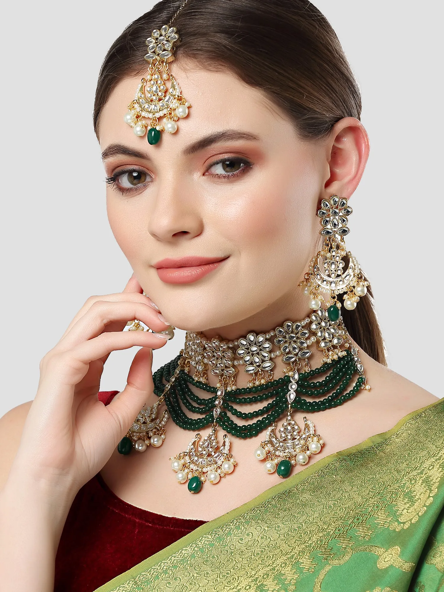 Karatcart Gold Plated Green Beads Multilayered Kundan Choker Necklace Set for Women
