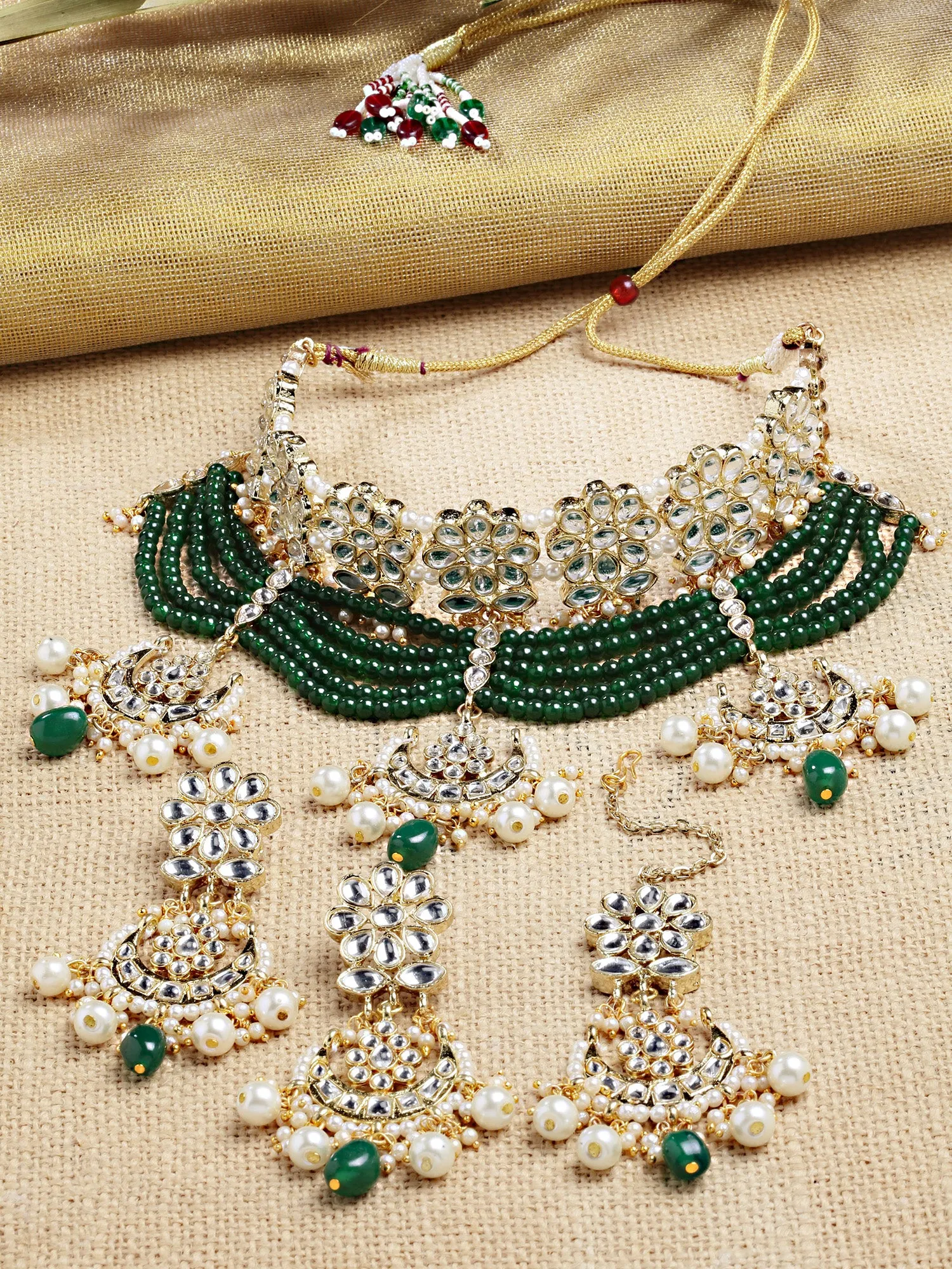 Karatcart Gold Plated Green Beads Multilayered Kundan Choker Necklace Set for Women