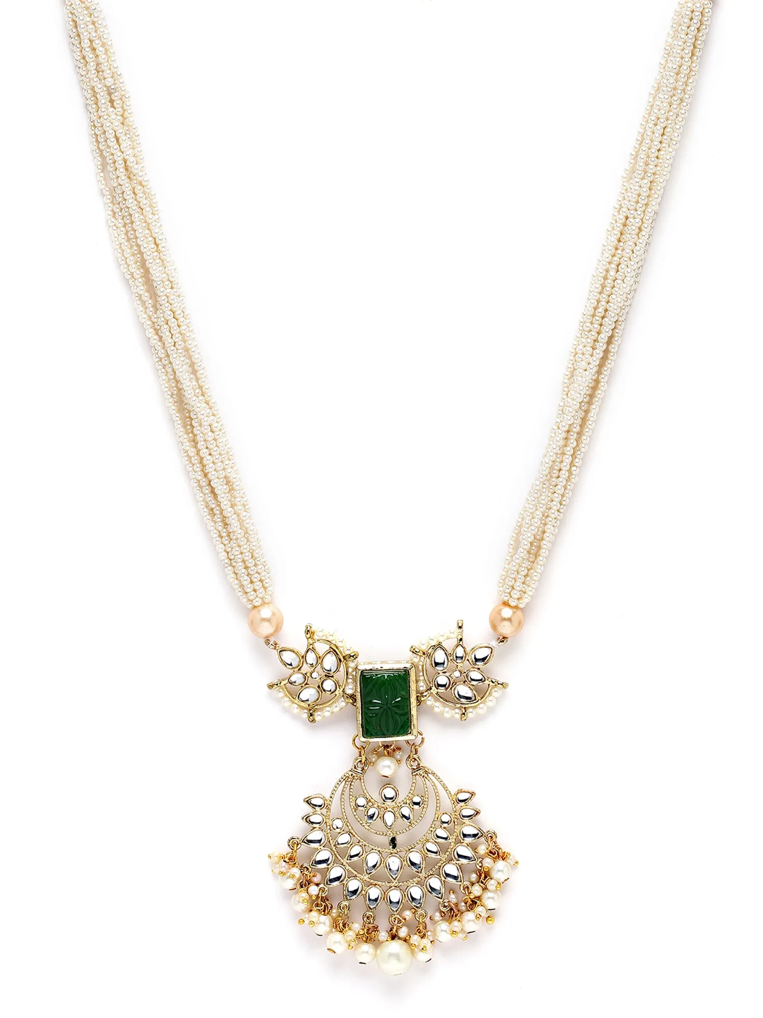 Karatcart Gold Plated Green Carved Stone and Kundan Rani Haar Necklace Set for Women