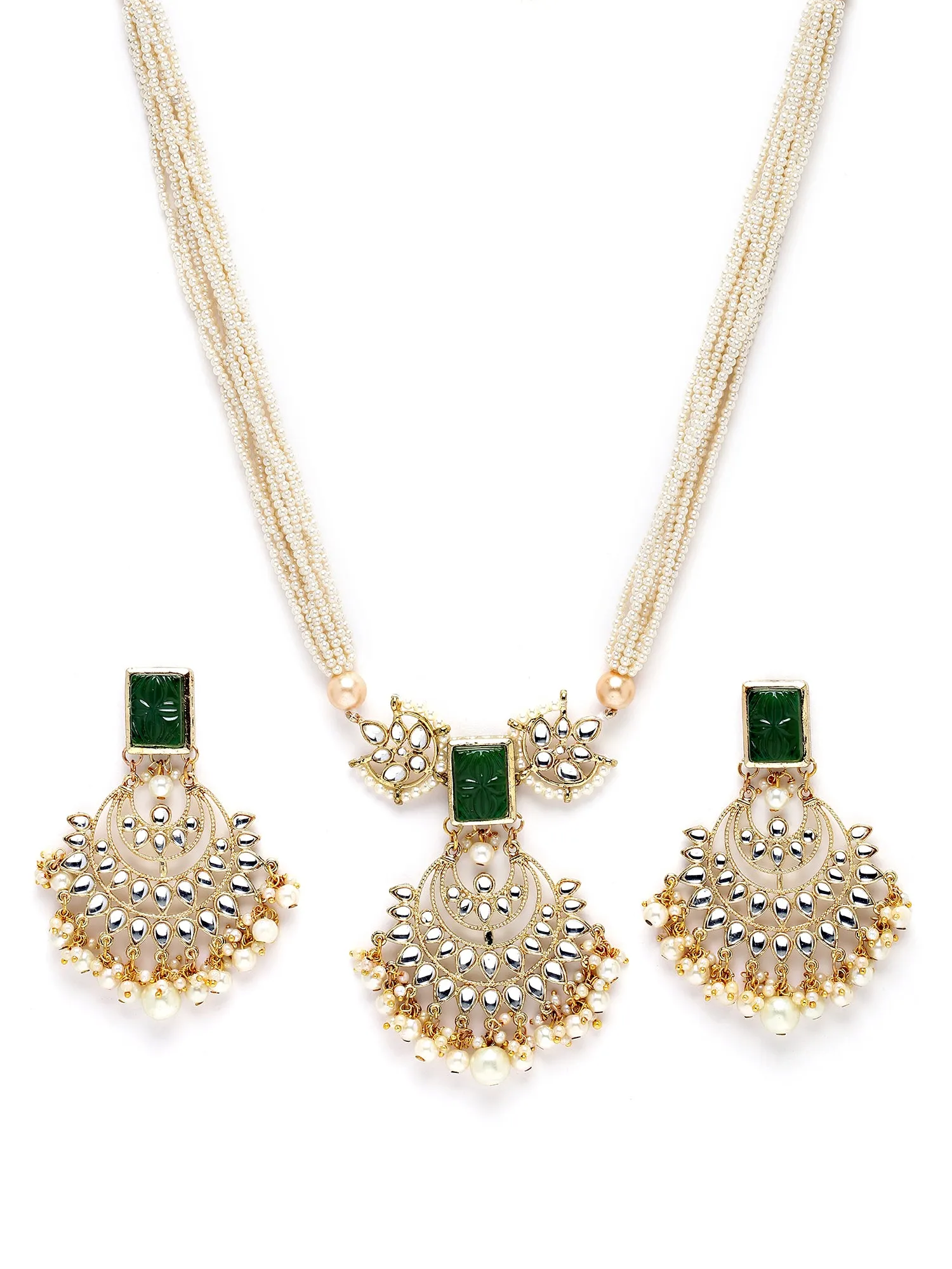 Karatcart Gold Plated Green Carved Stone and Kundan Rani Haar Necklace Set for Women