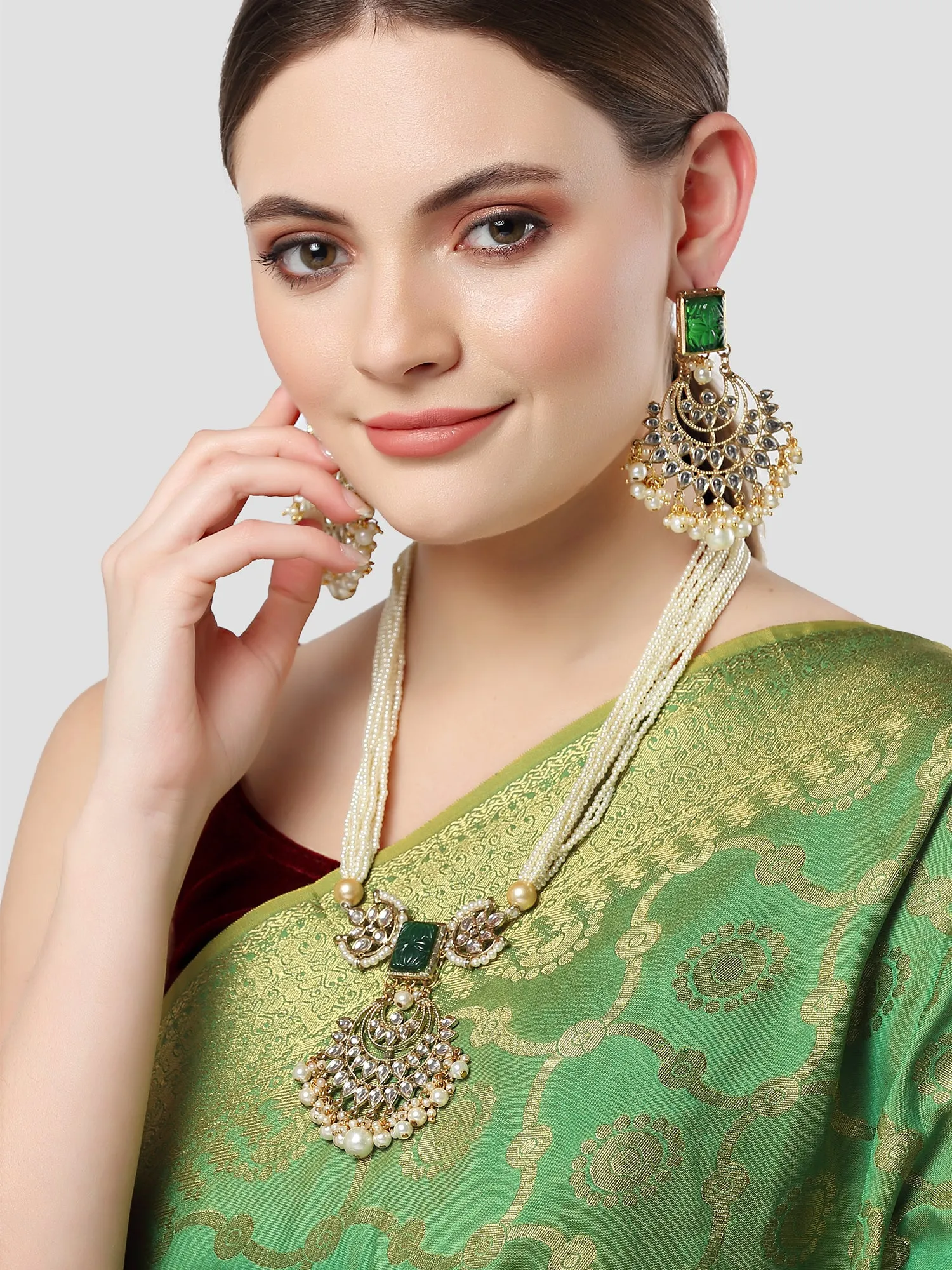 Karatcart Gold Plated Green Carved Stone and Kundan Rani Haar Necklace Set for Women