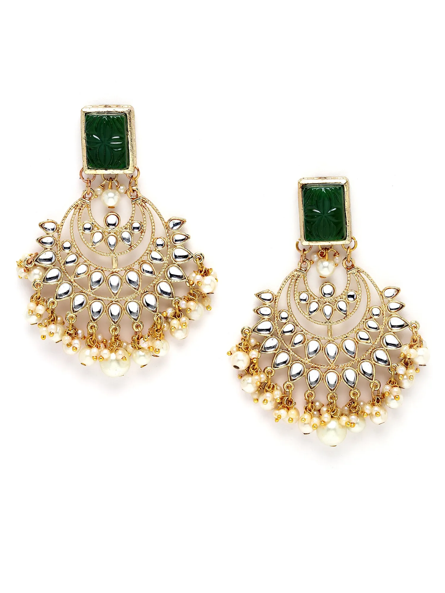 Karatcart Gold Plated Green Carved Stone and Kundan Rani Haar Necklace Set for Women