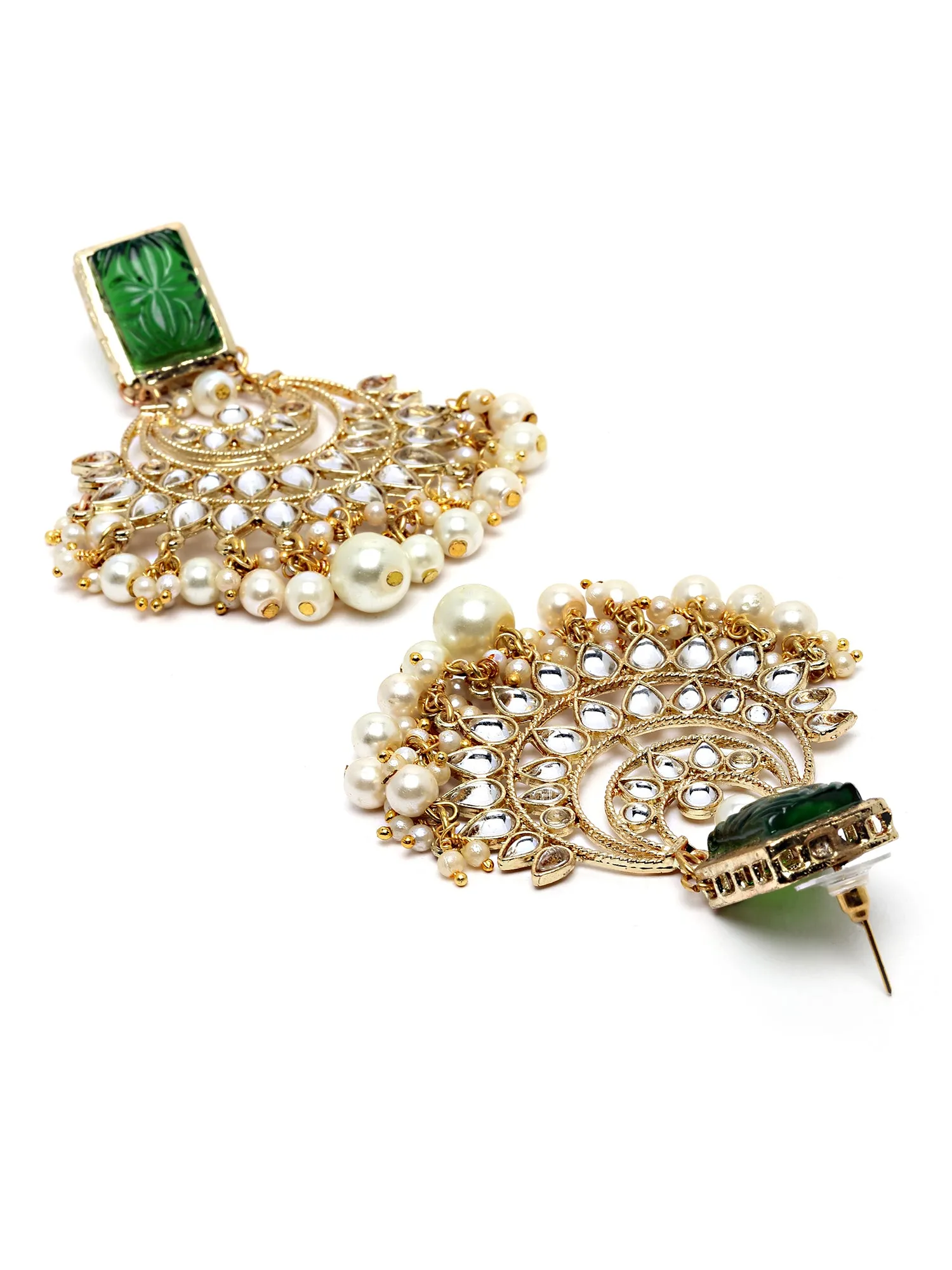 Karatcart Gold Plated Green Carved Stone and Kundan Rani Haar Necklace Set for Women