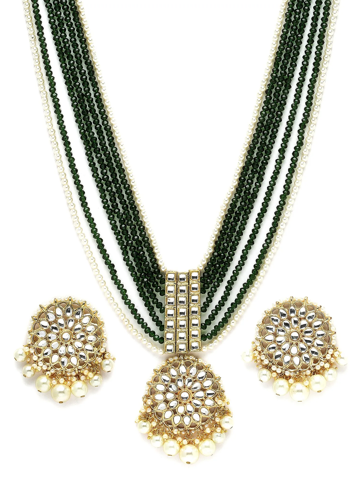 Karatcart Gold Plated Green Crystal and Pearl Studded Kundan Rani Haar Necklace Set for Women