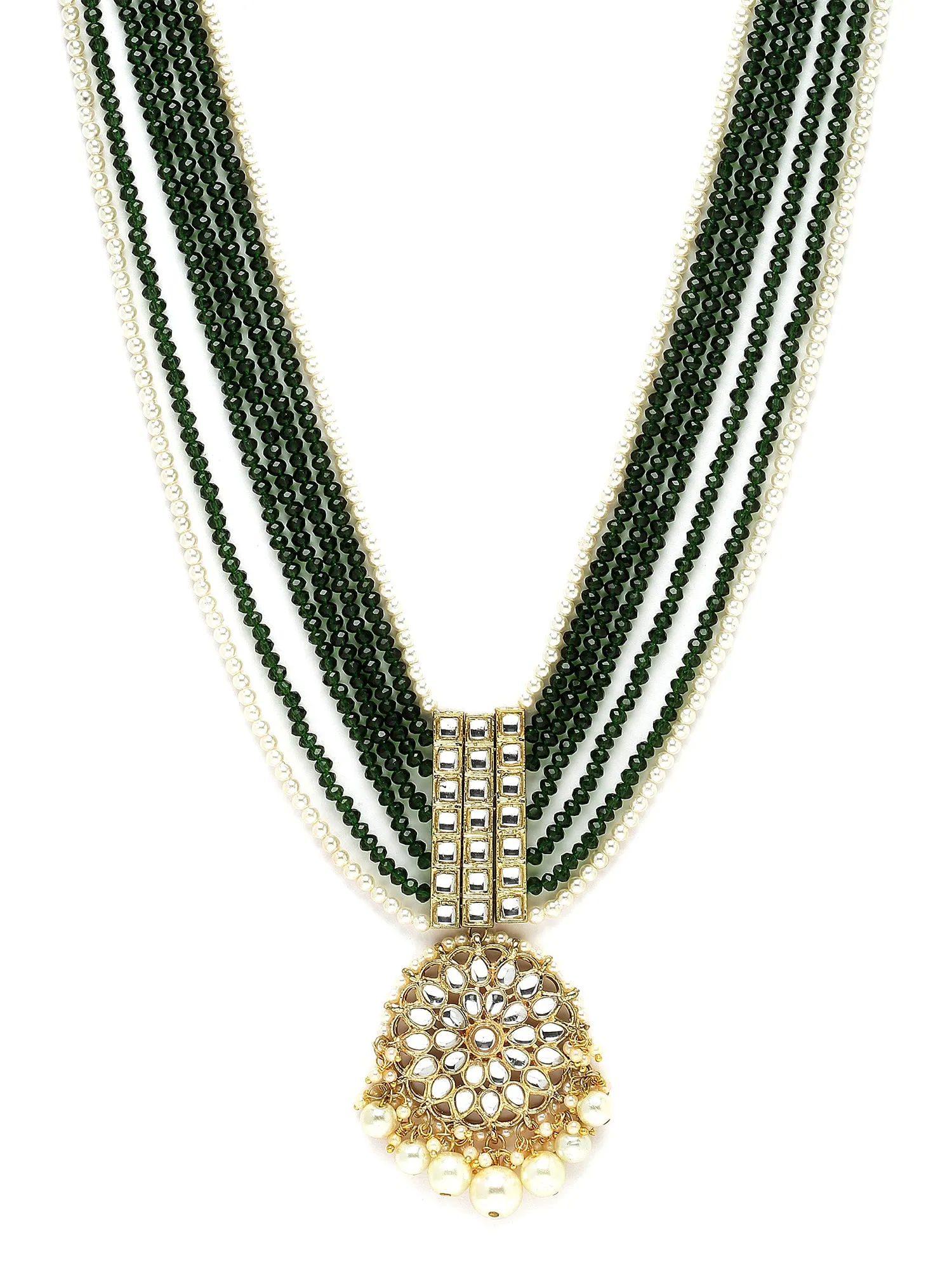 Karatcart Gold Plated Green Crystal and Pearl Studded Kundan Rani Haar Necklace Set for Women